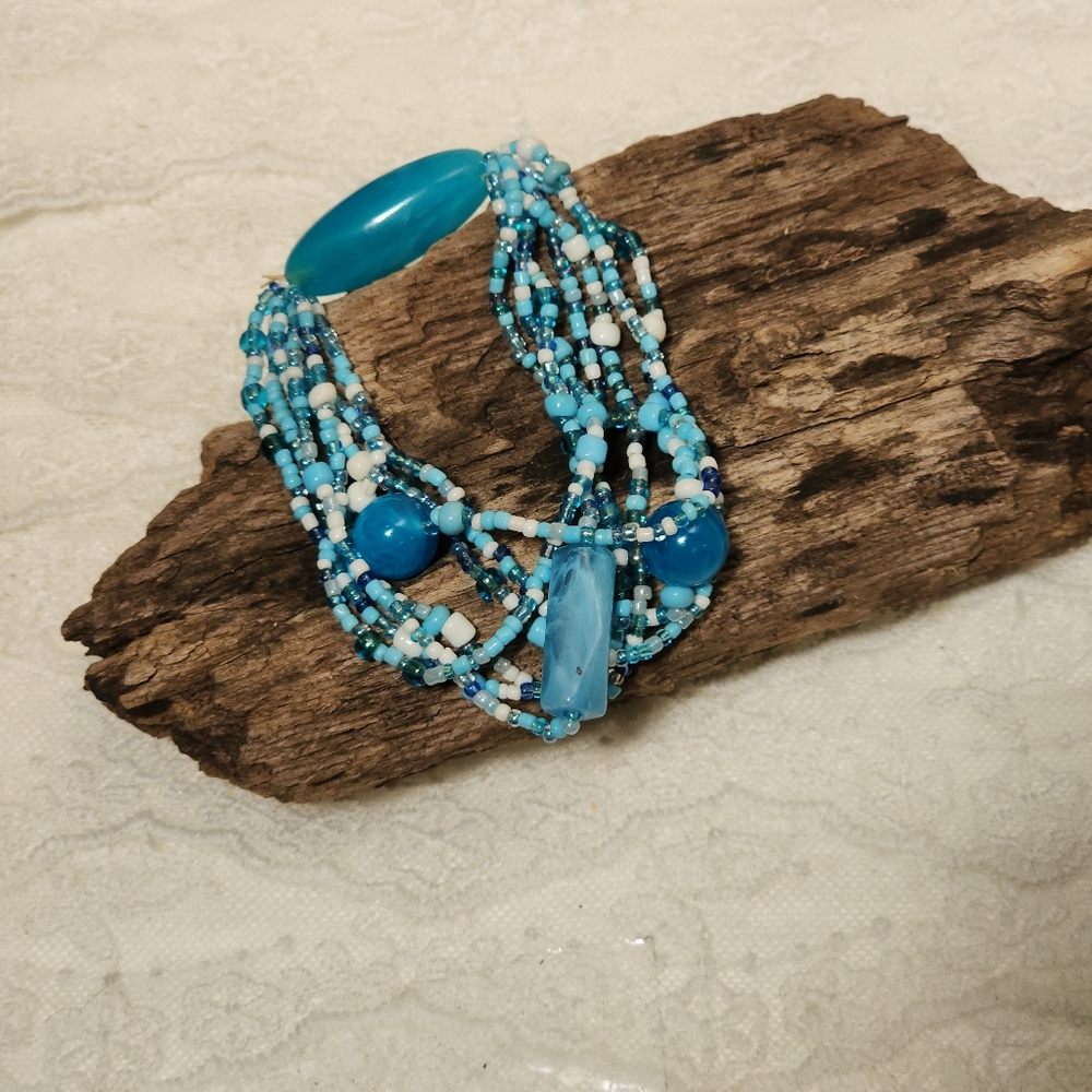 Boho Multi-Strand Blue Acrylic Beaded Stretch Bracelet